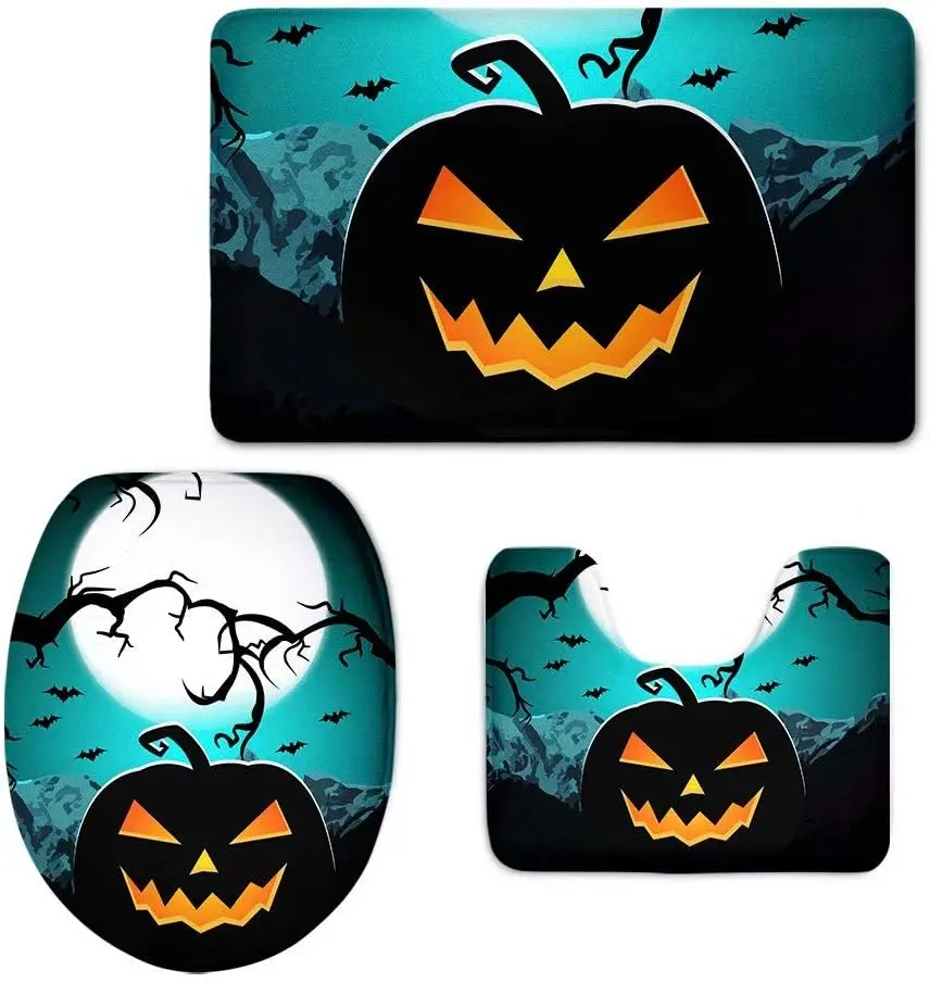 

Набор ковриков для ванной на Хэллоуин, 3 шт., крышка для унитаза с жутким фонарем + коврик, нескользящий мягкий впитывающий декор, который можно стирать в машине