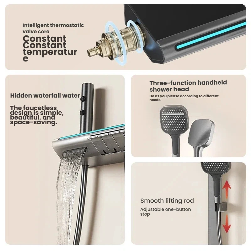 Gray Intelligent Square Tube Shower System Set Multifunctional Digital Display Piano Keys Household Temperature Shower Set