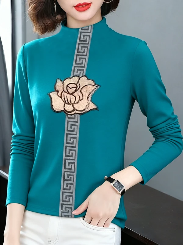 

Elegant Fleece Lined Thickened Long Sleeve Stand Collar Embroidered Rose Mother's Clothing Fashionable Ageless Stylish Top