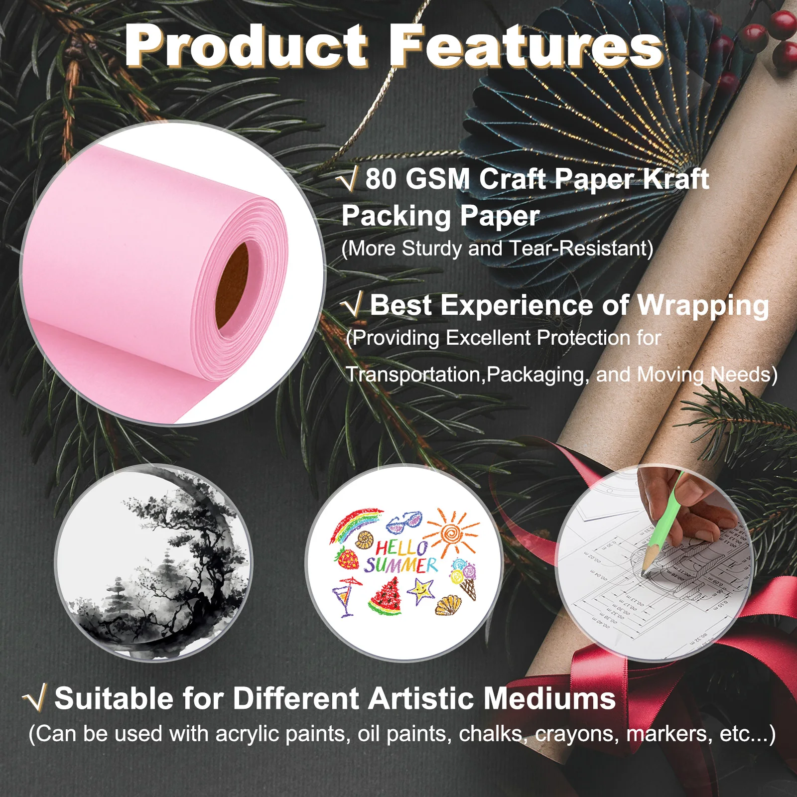 Papel de embalaje de 0,9x30/40/50m, rollo de papel artesanal de 80 GSM, papel de embalaje Kraft para póster, tablón de anuncios, envoltura de regalos