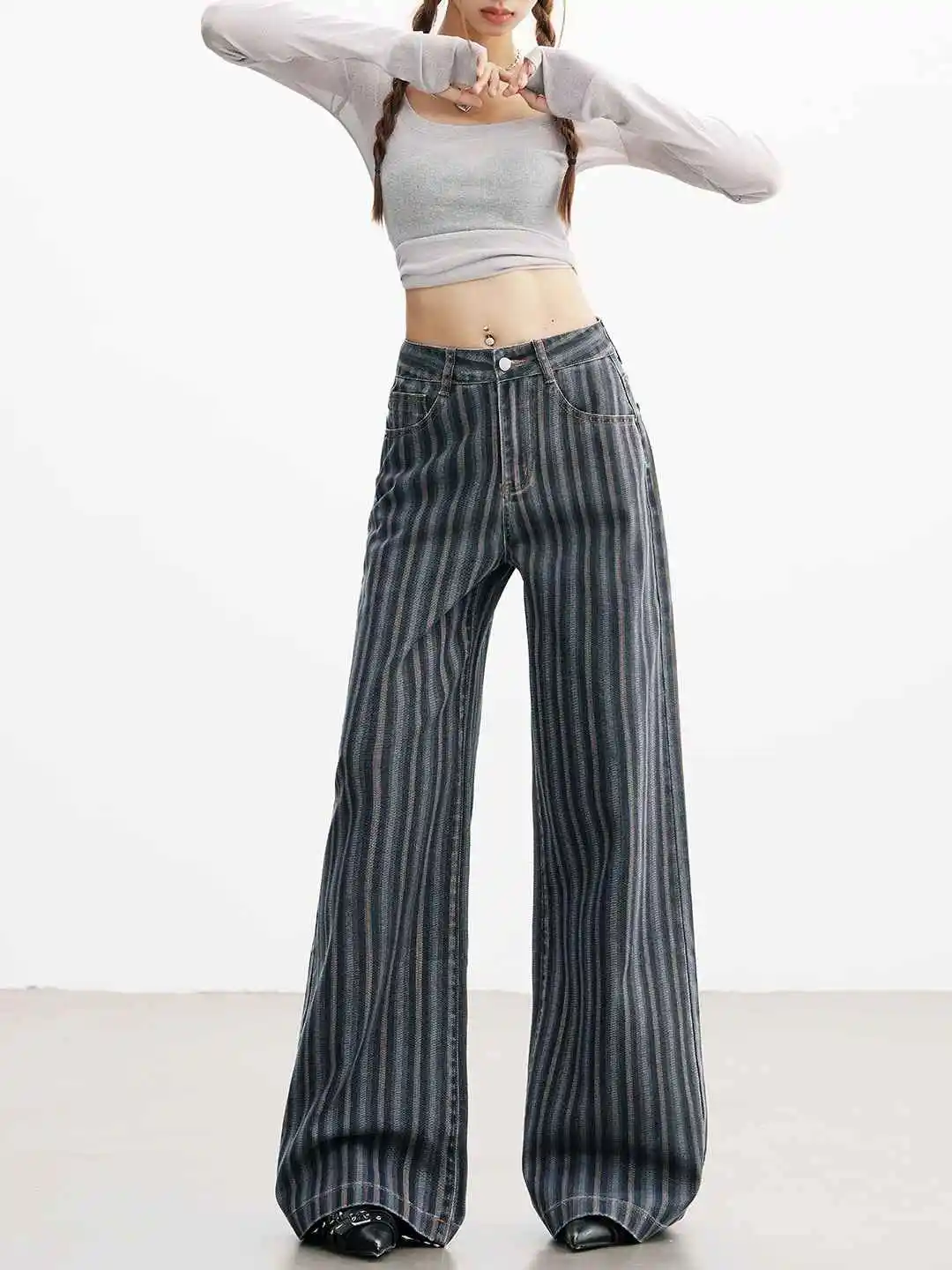 Women's Baggy Jean Wide Fit American Retro High Street Striped Y2k Japanese 2000s Denim Pants Cowboy Long Trousers Harajuku