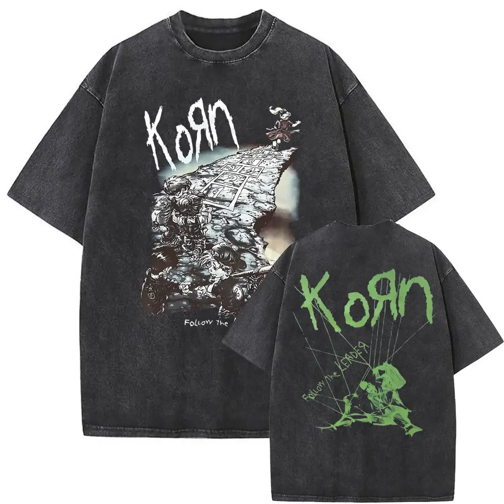 Rock Band Korn Ftl 25 Follow The Leader Double Sided Print T Shirt Men Gothic Casual Oversized Tees Unisex Washed Vintage Tshirt