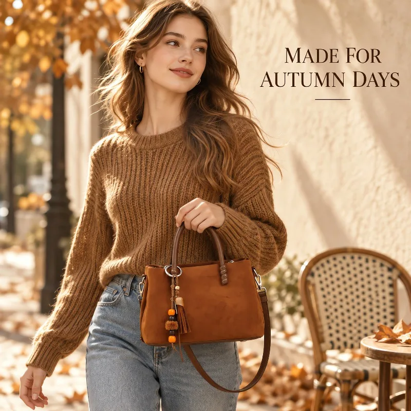 Women Retro Suede Handbag Small Tote Bag With Bead Tassel Pendant Removable Crossbody Strap Casual Daily Shoulder Bag
