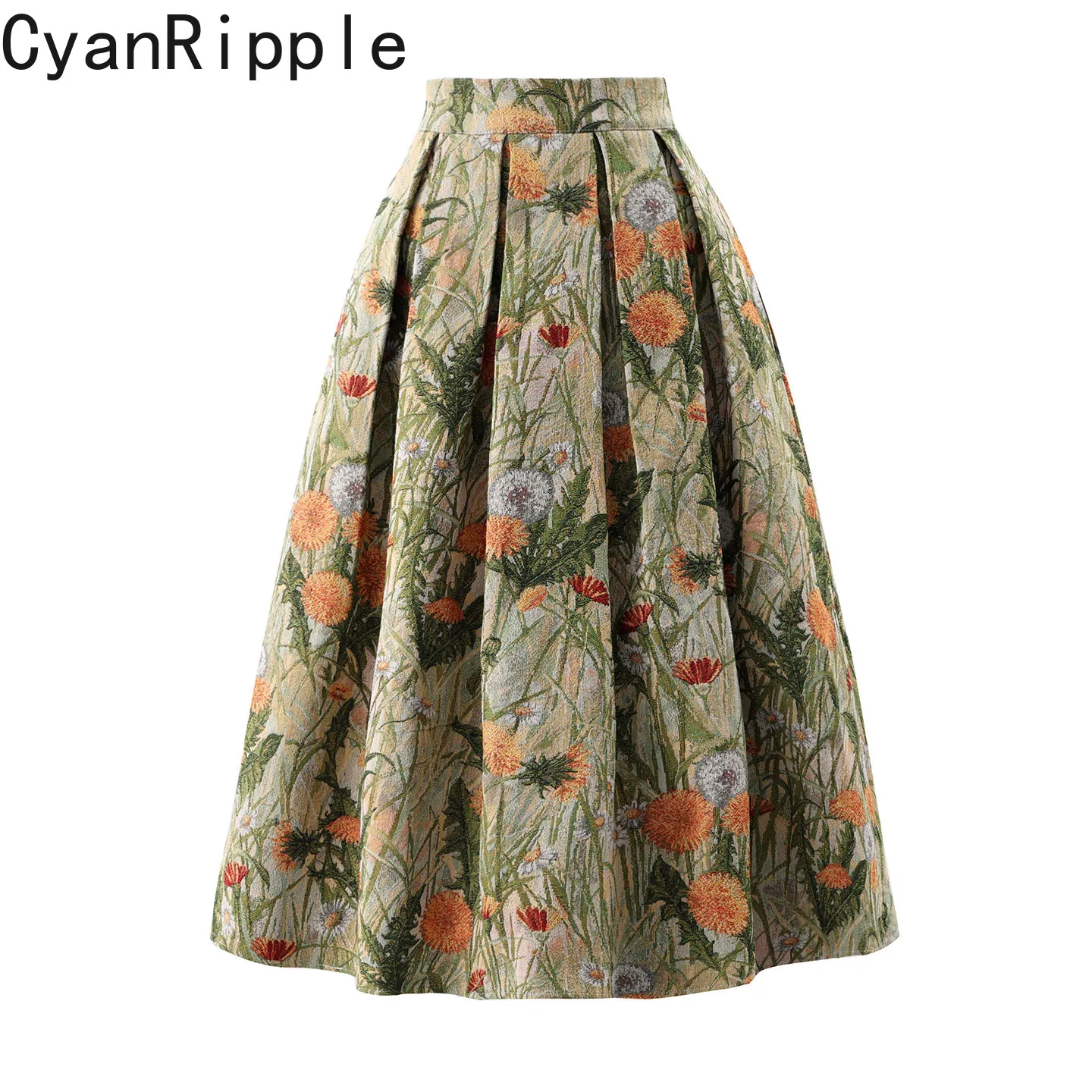 High Quality New Autumn Vintage Embroidery Jacquard A-line Skirt Women All-match High Waist Elegant Lady Mid-length Puff Skirts