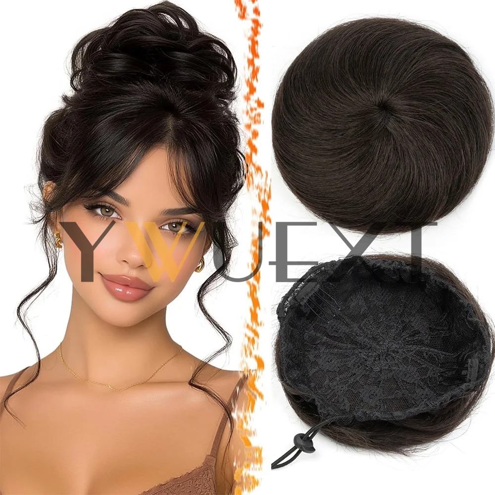 Black Messy Hair Bun Hair Pieces Straight Scrunchie Updo with Elastic Rubber Band Extension Human Hair Ponytail Chignon Donut