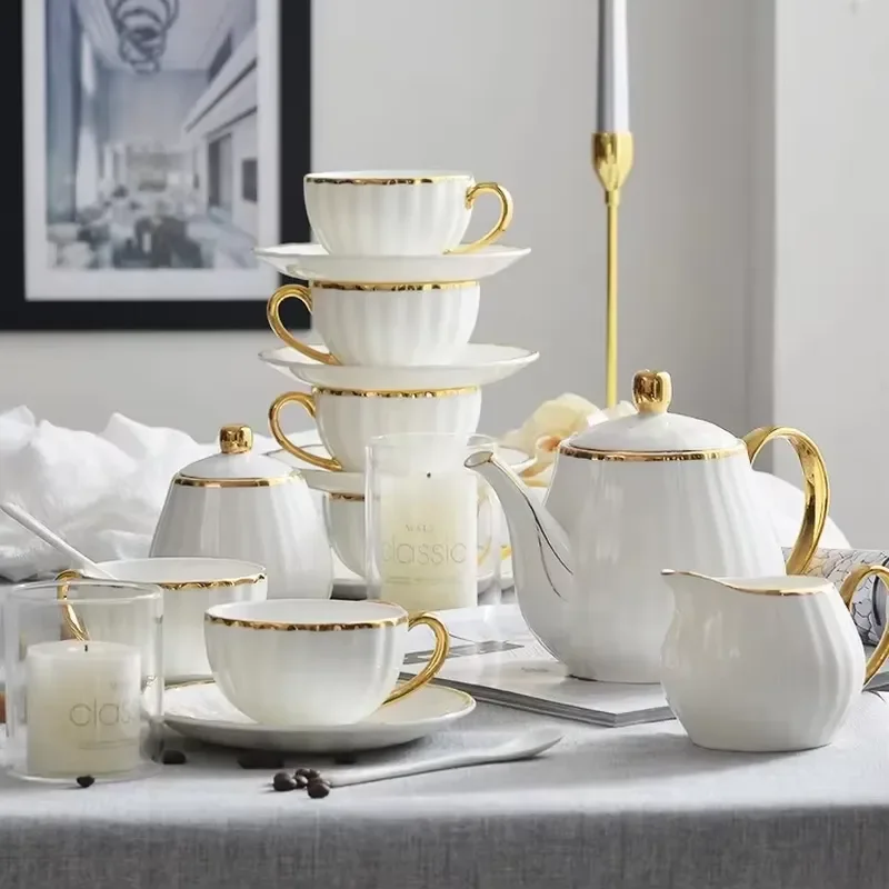 Bone China Teacup and Teapot Set Handmade Ceramic Coffee Cup with Saucer Factory Direct Sale Discount