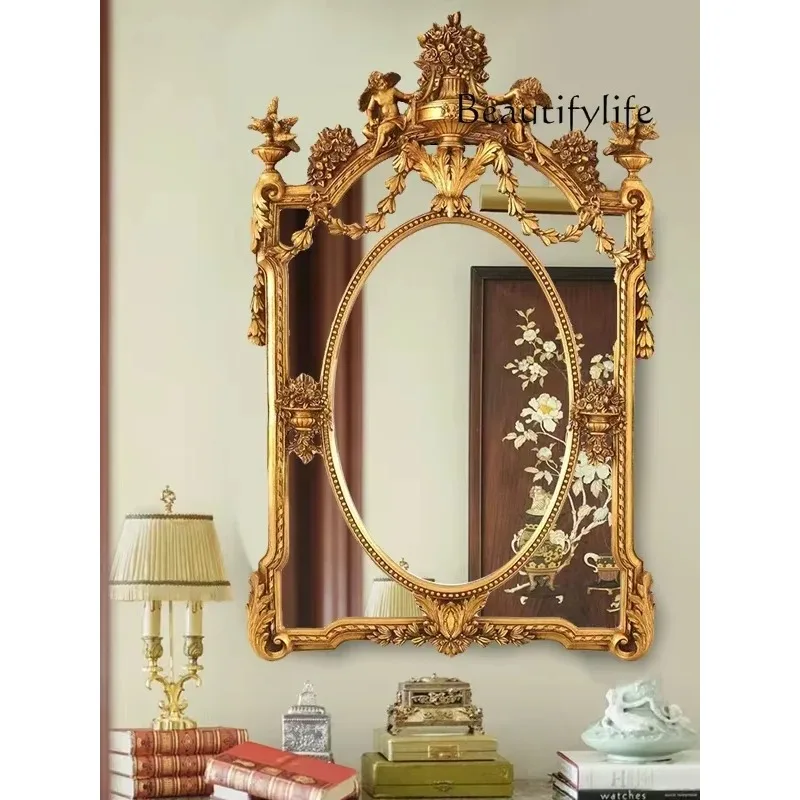 

European-Style Retro Fireplace Decorative Mirror Angel Carving French Carved Wall Hanging Villa Corridors Hallway Mirror