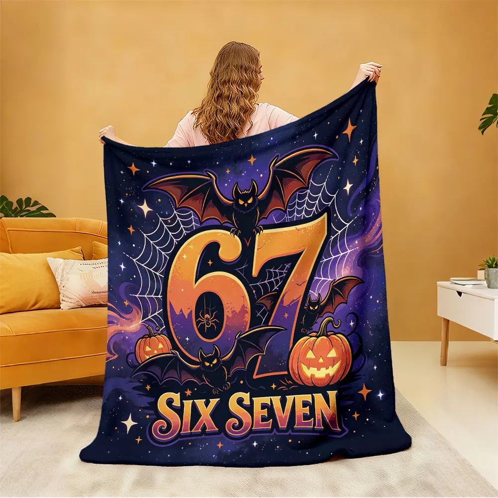 1pc Halloween Number 67 Bat Pumpkin Spider Web Flannel Blanket Soft Cozy Sofa Nap Throw Blanket Holiday Festival Home Decor G