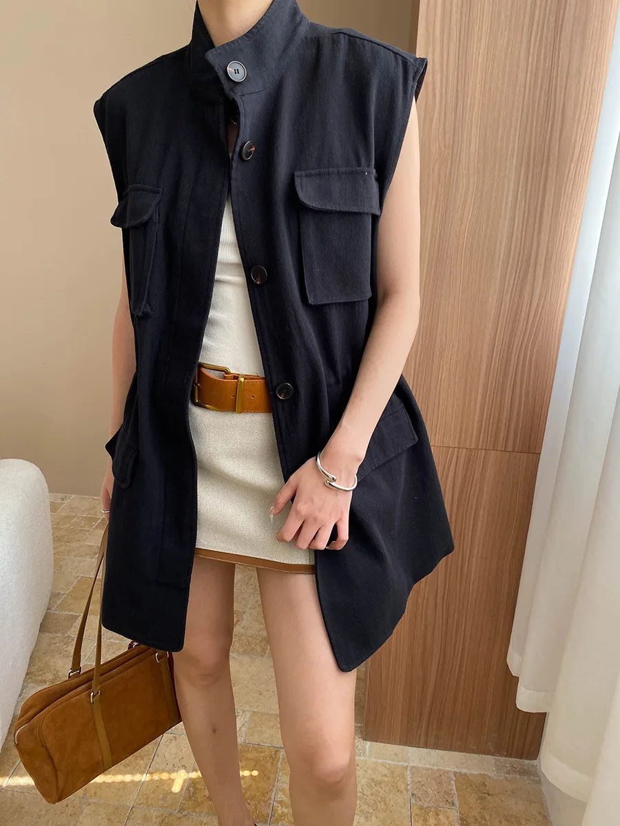 

Spring and summer women's casual solid color stand up collar pocket decoration slim fit vest