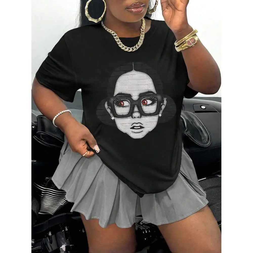 T-shirt - Zwart-wit portretprint, casual ronde hals, zacht grafisch T-shirt, wasbaar in de machine, grote maten blouses