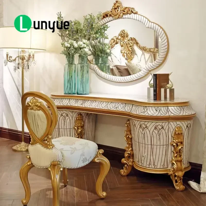 Italian Elegant White Wood Royal Classic Bedroom Furniture Home Makeup Dresser Set Prince Style Vanity Table with Mirror