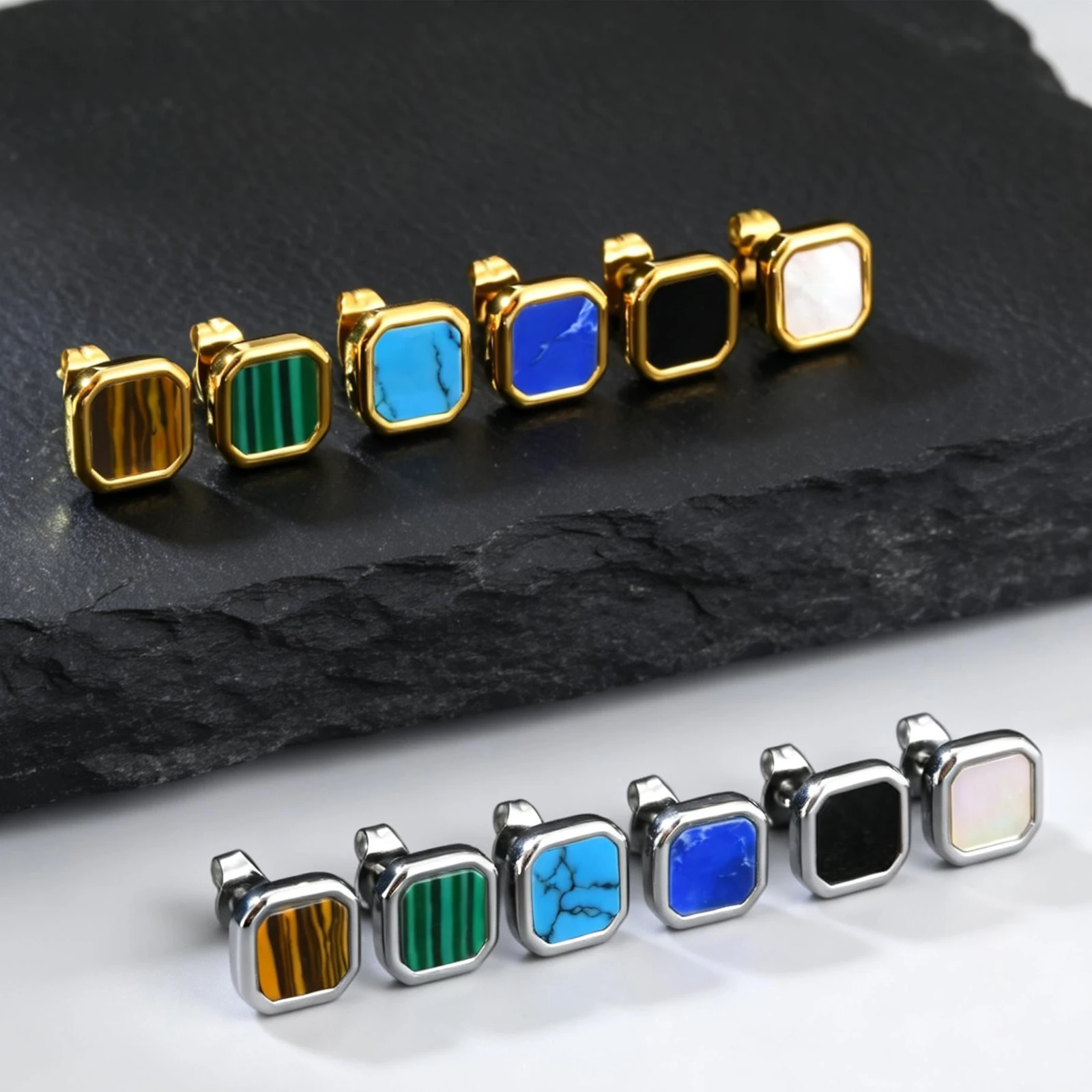 Trendy Natrual Stone Stud Earring for Men Boys,Stainless Steel Anti Allergy Square Stud Earring,Unisex Piercing Jewelry Gift