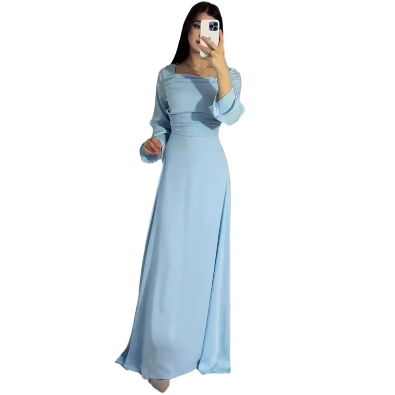 2025Nuovo abito slim in raso a maniche lunghe con design a nastro tempestato a mano