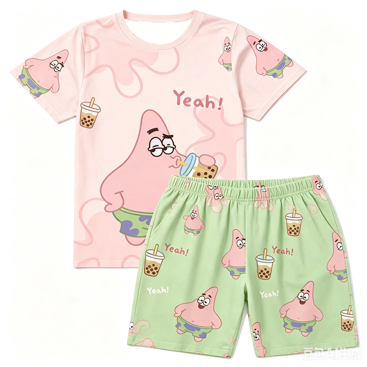 Cute Patrick Star Yeah Letter Full Print Two Piece Outfit For Men Women Kids Breathable Daily Anime Home Nightwear Clothes