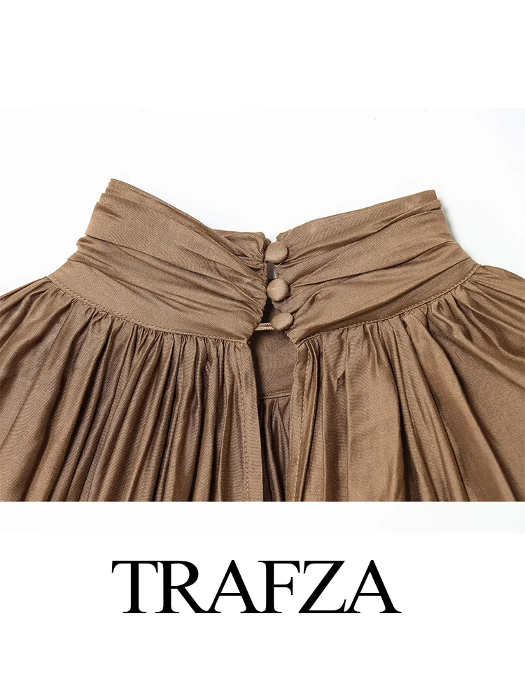 

TRAFZA Women's New Fashion Simple Versatile Standing Collar Draped Blouse Female Elegant High Street Lantern Long Sleeve Shirt
