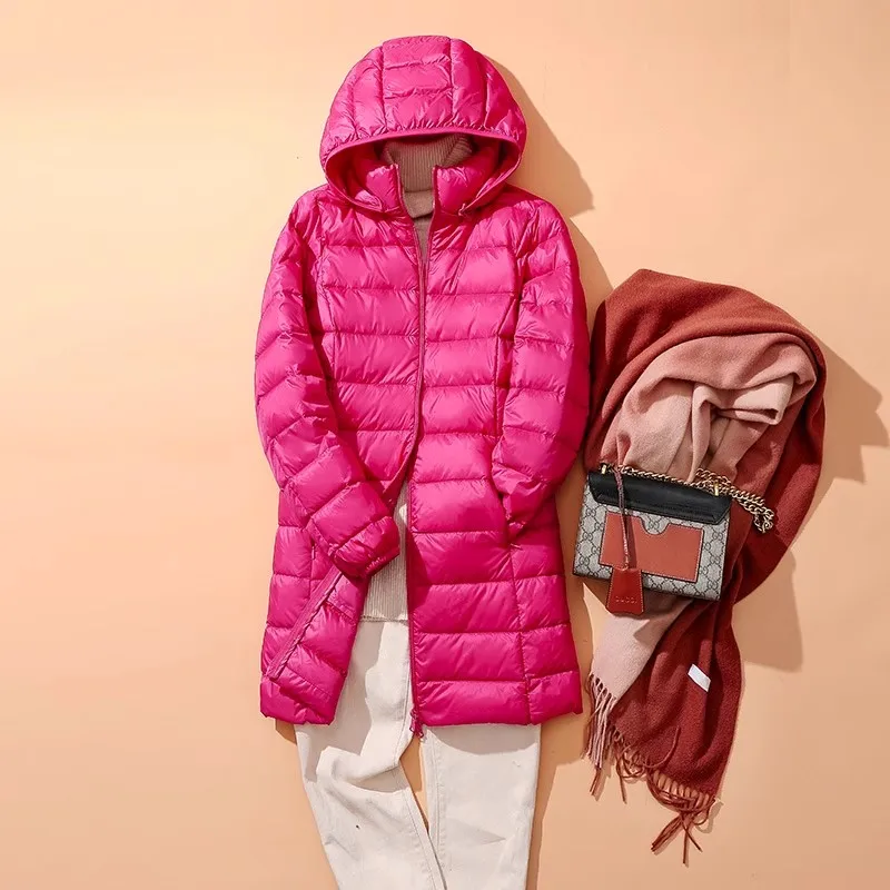 Hat Detachable Hooded Down Coat Winter Women Light Thin White Duck Down Jacket Parkas Ladies Warm Long Bigsize Puffer Outwears