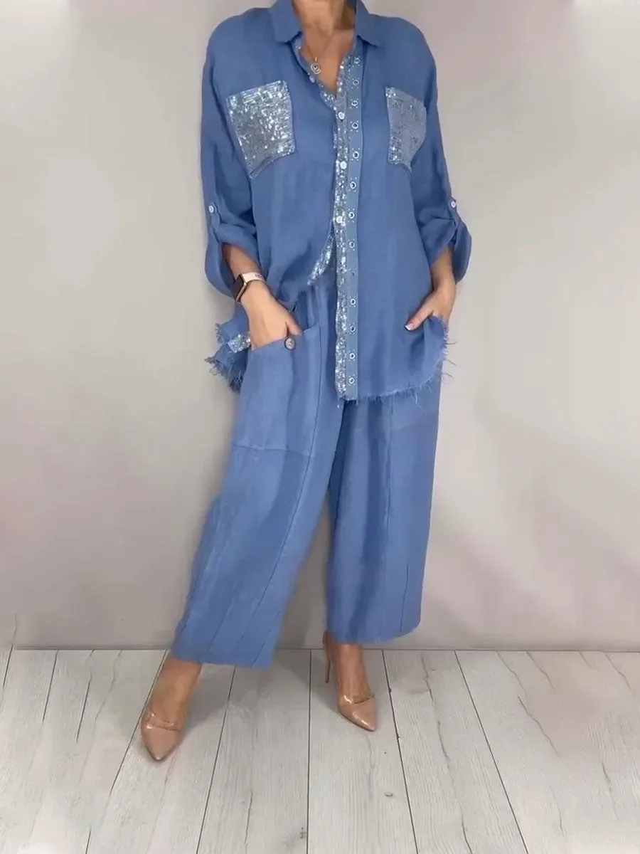 Modisches, lockeres Paillettenhemd für Damen, 2-teiliges Set, elegantes Langarm-Oberteil, hochtaillierte, weite Hose, Sommer-Herbst-Outfit für Damen – Detail 4