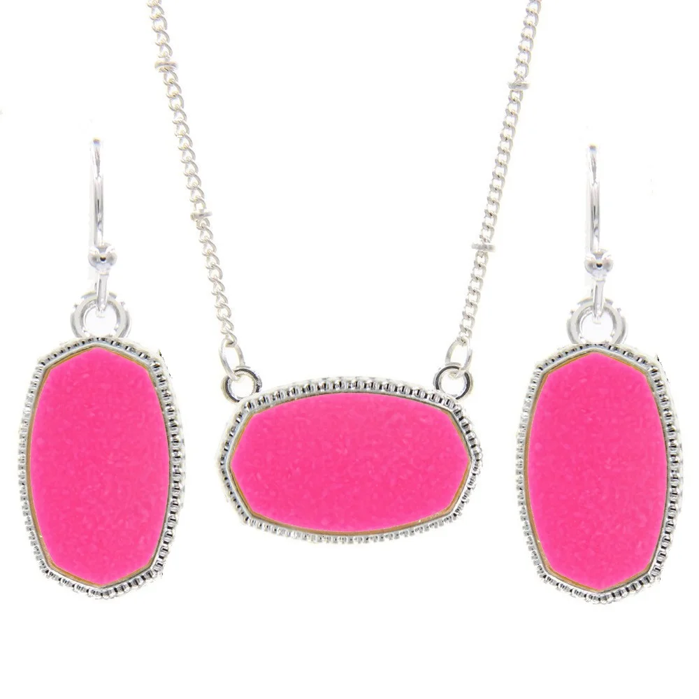 Oval Resin Druzy Drusy Pendant Necklace Hexagon Druse Charms Drop Earrings  Color Fashion Jewelry Set Gift