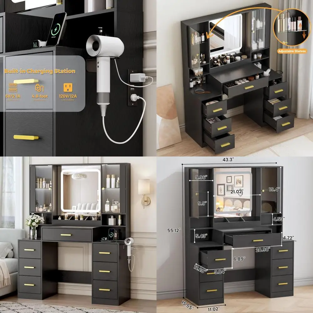 Makeup Vanity Desk with 7 Drawers, 2 Glass Cabinets, Mirror, Lights, Charging Station, Adjustable Shelves, RGB Lighting, Holder