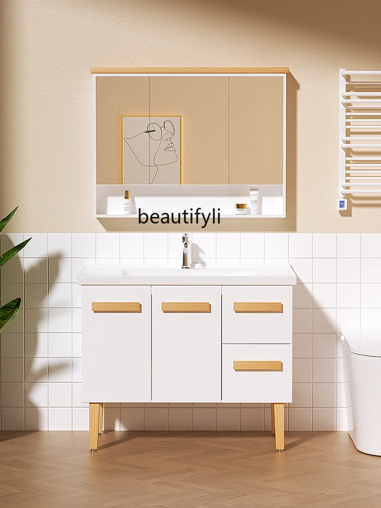 

Oak Smart Floor Bathroom Cabinet Combination Ceramic Whole Washbin Bathroom Table Hand Washing Basin Cabinet