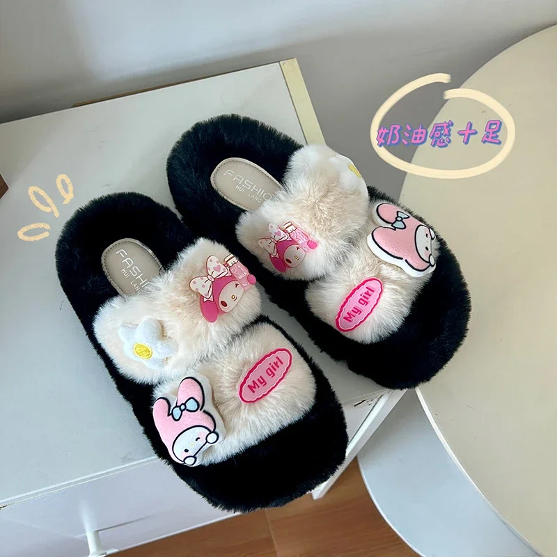 SanrioMelody winter thick-soled fluffy slippers female Kulomi outer wear cartoon cute home indoor plush one-word cotton slippers