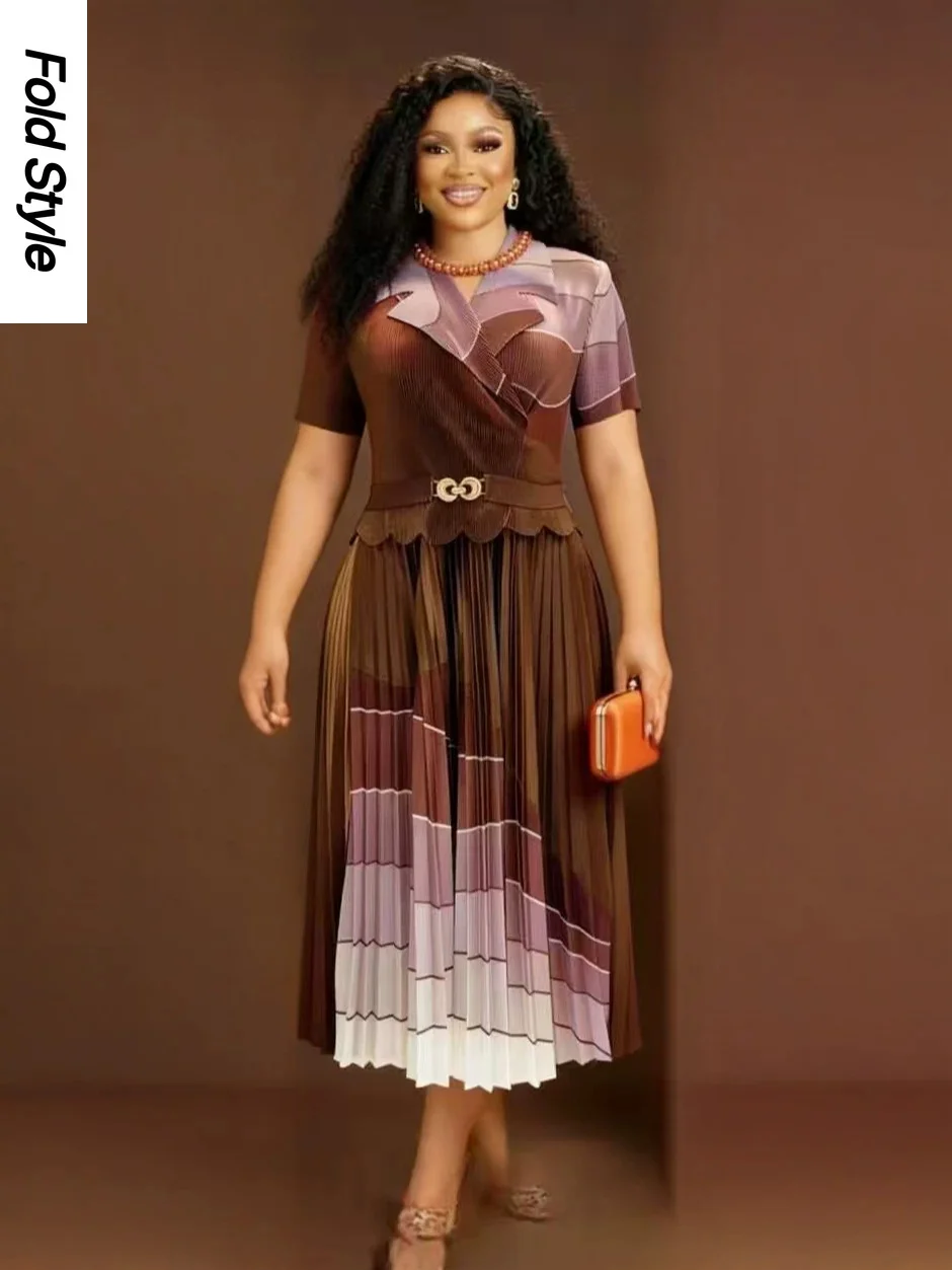 2026 Miyake Fashion Loose Light Luxury Women's Folded Dress Skinny Printed Short Sleeve Temperament Medium and Long Dress