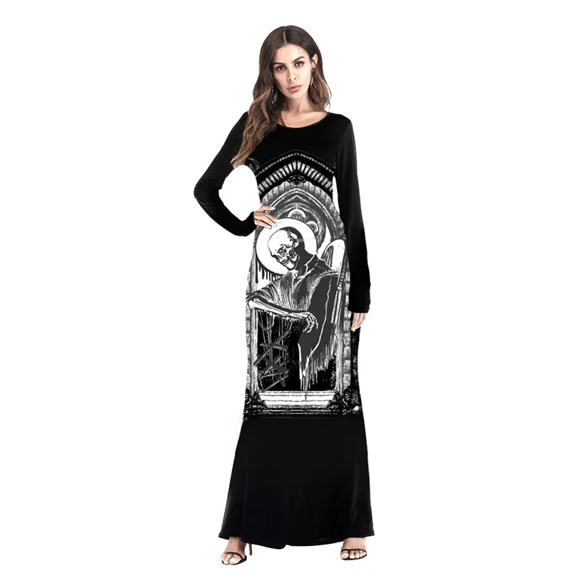 Loween Hero Zombie Sorcière Longue Sve ronde Ne Dr T-shirt imprimé Dr A-Line Jupe Polyester Trajet Sle