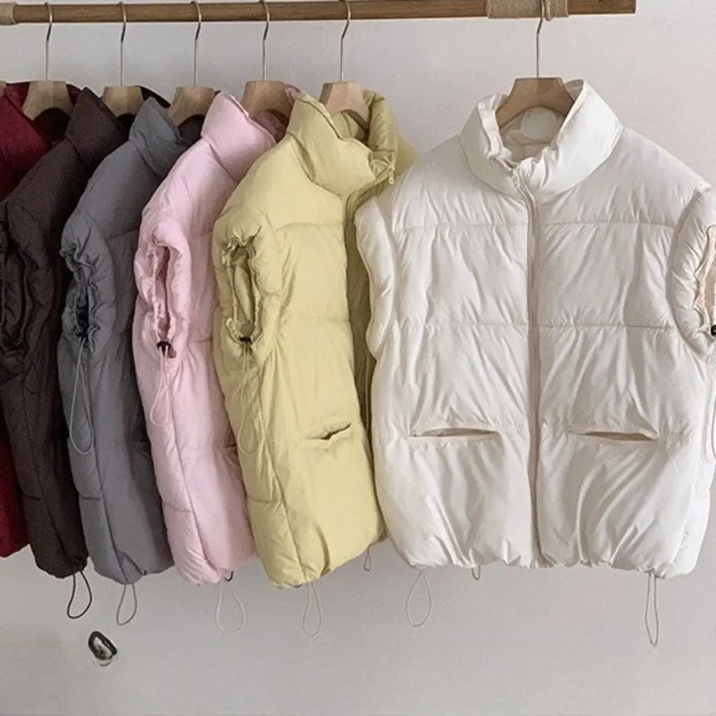 

New Women's Fashionable Pure Color Zipper Pocket Cotton Vest Outerwear Stand Collar Commute Jacket Transoceanic Trend