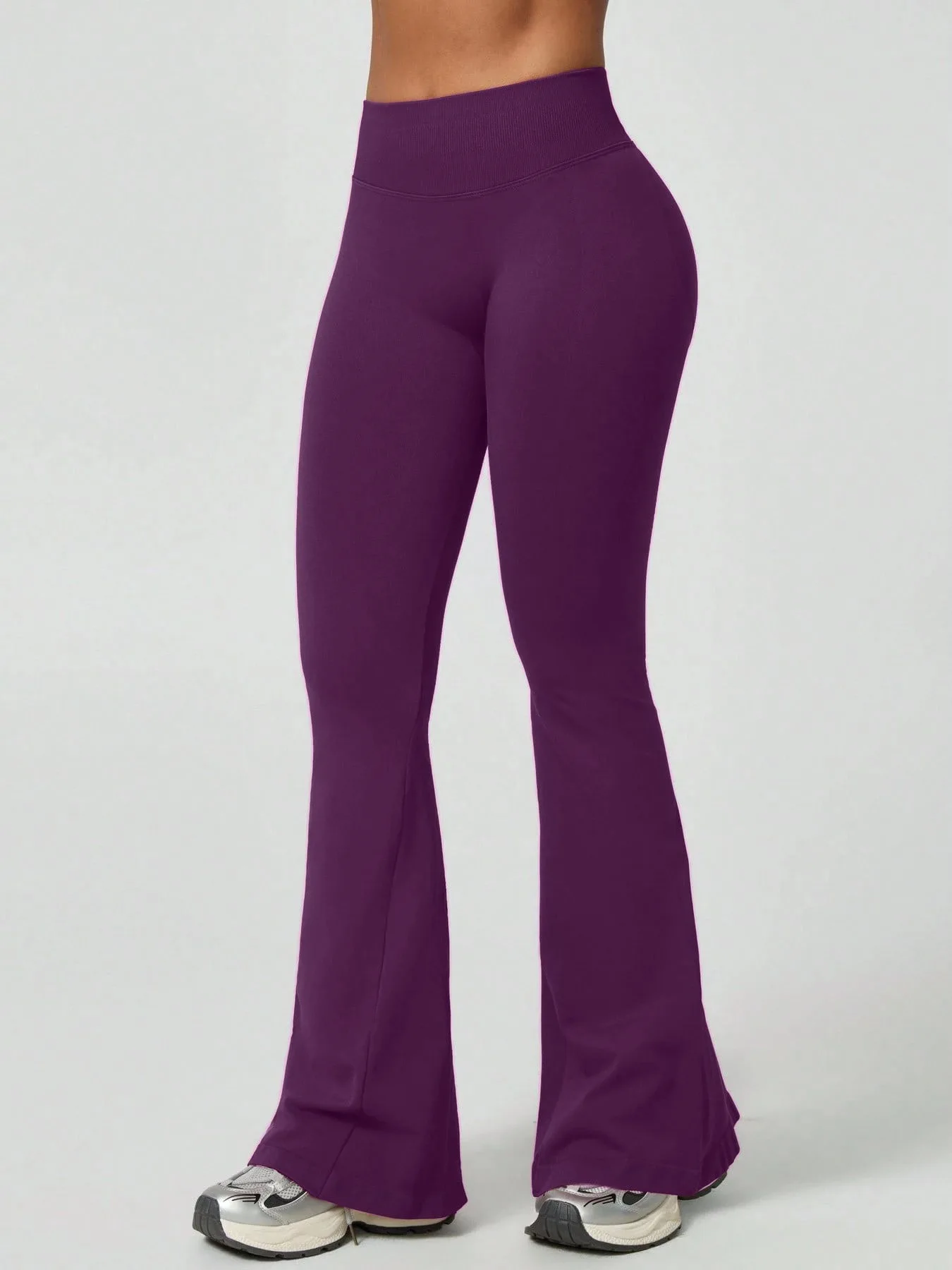 Damen High-Waist Flare Yoga-Hose, Einfarbig, Nahtlos, Breiter Bund, Weites Bein für Fitness, Laufen, Workout – Detail 8