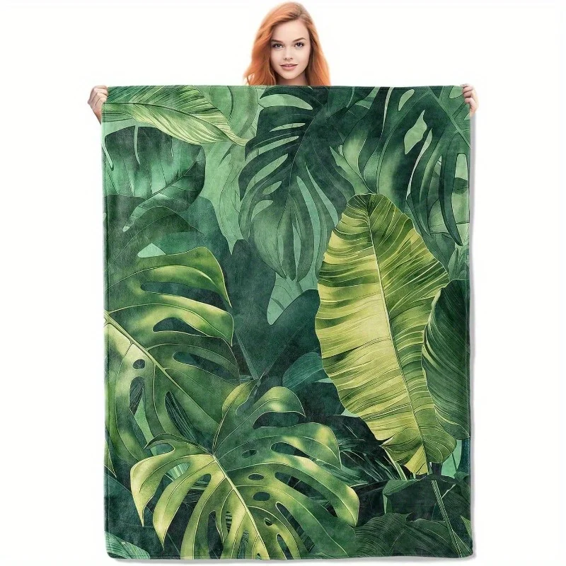 Tropical Monstera & Banana Leaf Print Blanket - Soft Flannel Bedspread (250-300 GSM) with 4-5 Size Options (20x30 to 60x80) - Mo