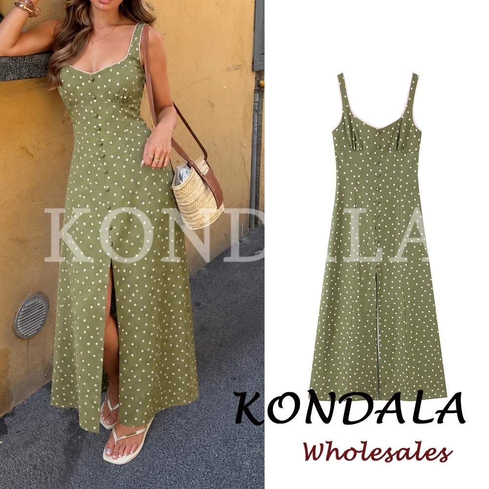 KONDALA Vestido Largo Sexy Verde con Puntos para Mujer, Moda de Verano 2026, Vestido Drapeado Ajustado con Abertura, Sin Espalda, para Vacaciones en la Playa, con Botones