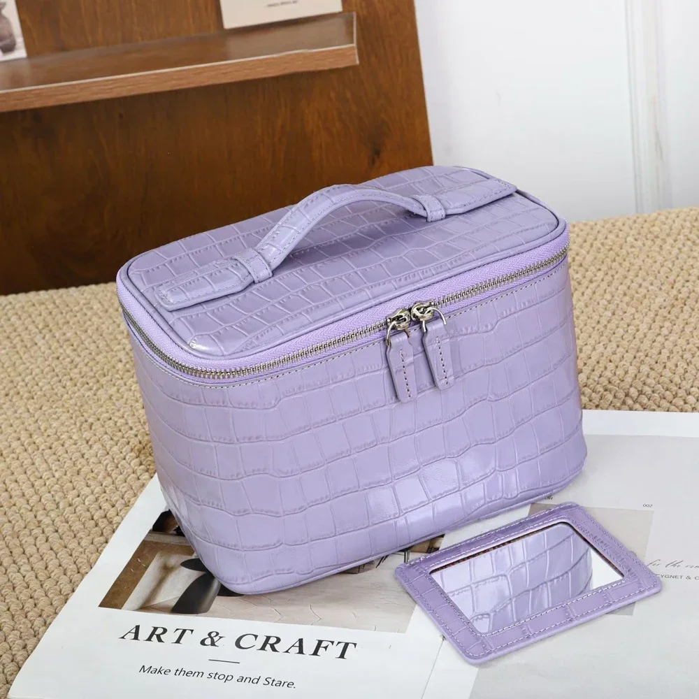 Women Genuine Leather Cosmetic Bag Croc Print Portable Top Handle Large Capacity Travel Toiletry Bag with Mirror