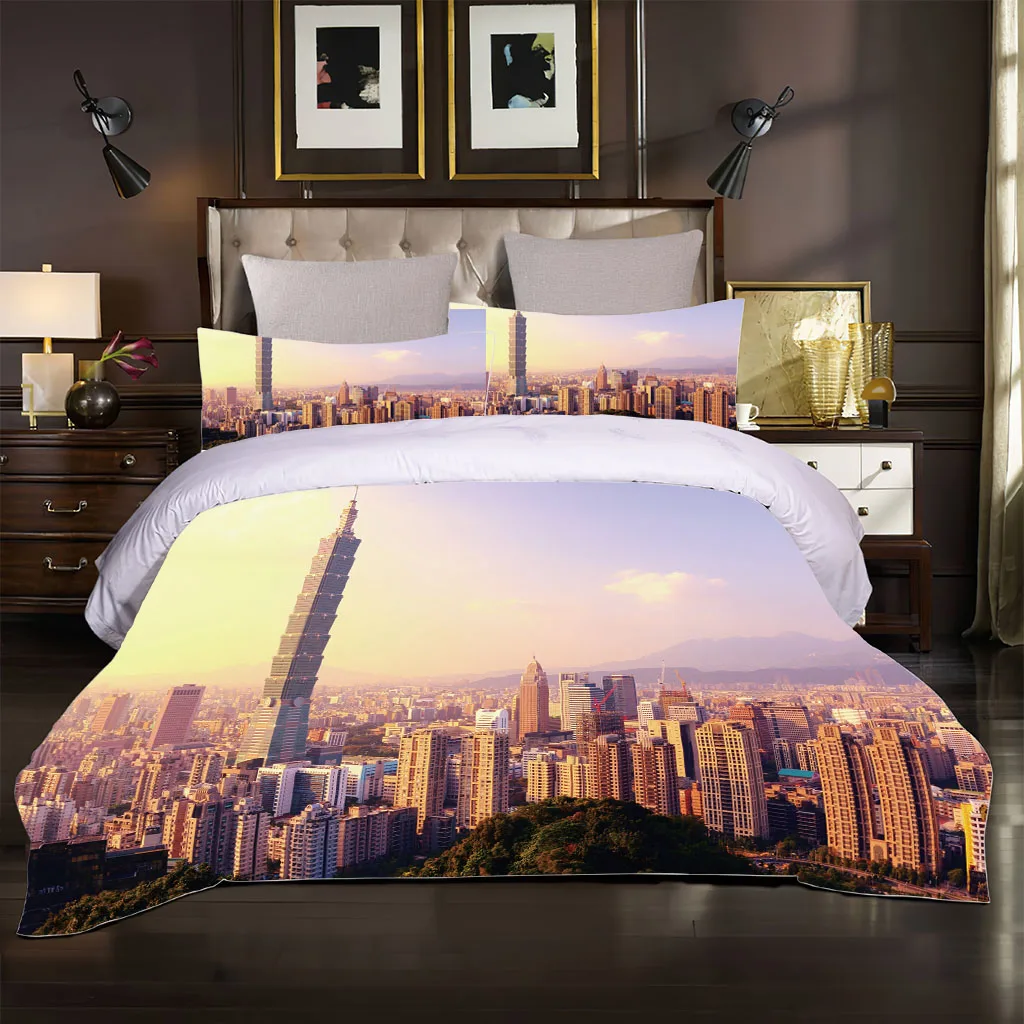 3D City Architecture Pattern Duvet Cover Set Cute Cat Pattern Bedding Set Polyester Quilt Cover King Twin Single Size Home