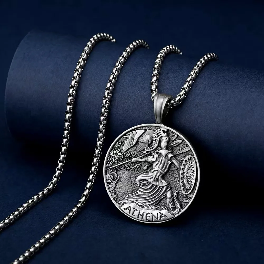 Ancient Greek coin goddess Athena pendant European and American men's retro necklace hip-hop pendant
