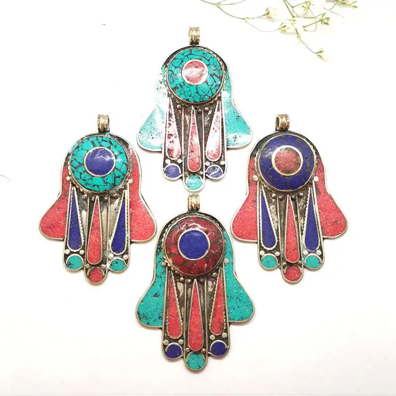 TBP328 Tibetan Buddha Hand Amulet Pendants White Metal Copper Inlaid Colorful Stone Vintage Pendant