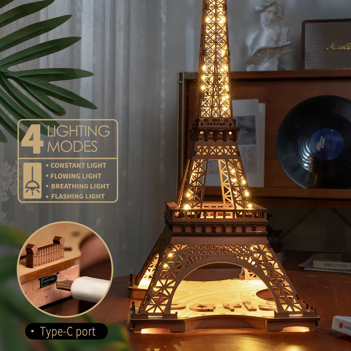 3D Puzzle for Adults DIY Model Building Kit with LED Light Wooden Eiffel Tower Craft Kit Architecture Toy Set Brain Teaser Gifts