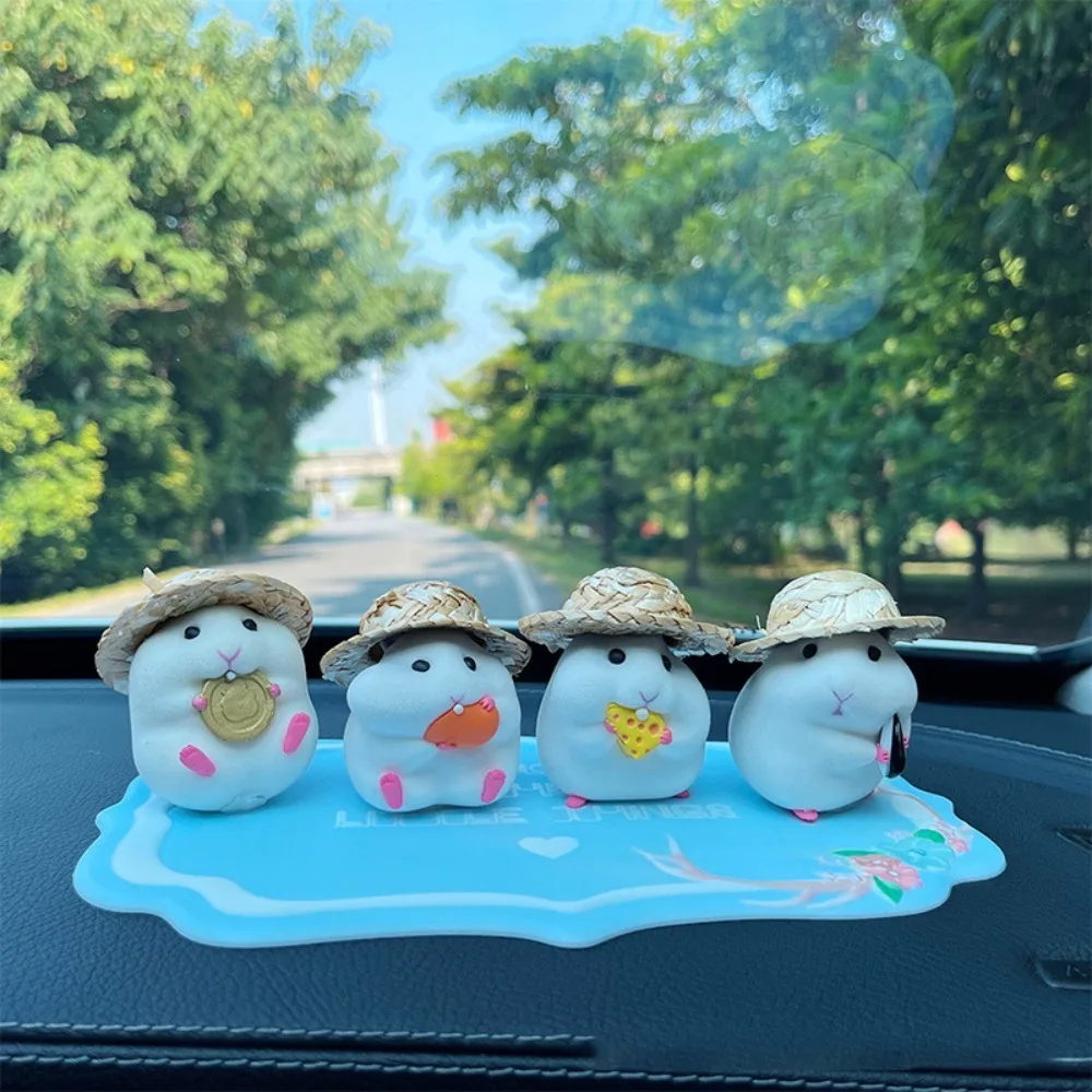 Auto Accessory Hamster With Straw Hat Car Ornament Cartoon Kawaii Hamster Blind Box Hamster Figure Model