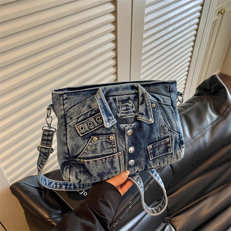 Vintage Denim Shoulder Bag Women Retro Jacket Design Crossbody Bag Fashion Washed Jeans Handbag Streetwear Small Purse