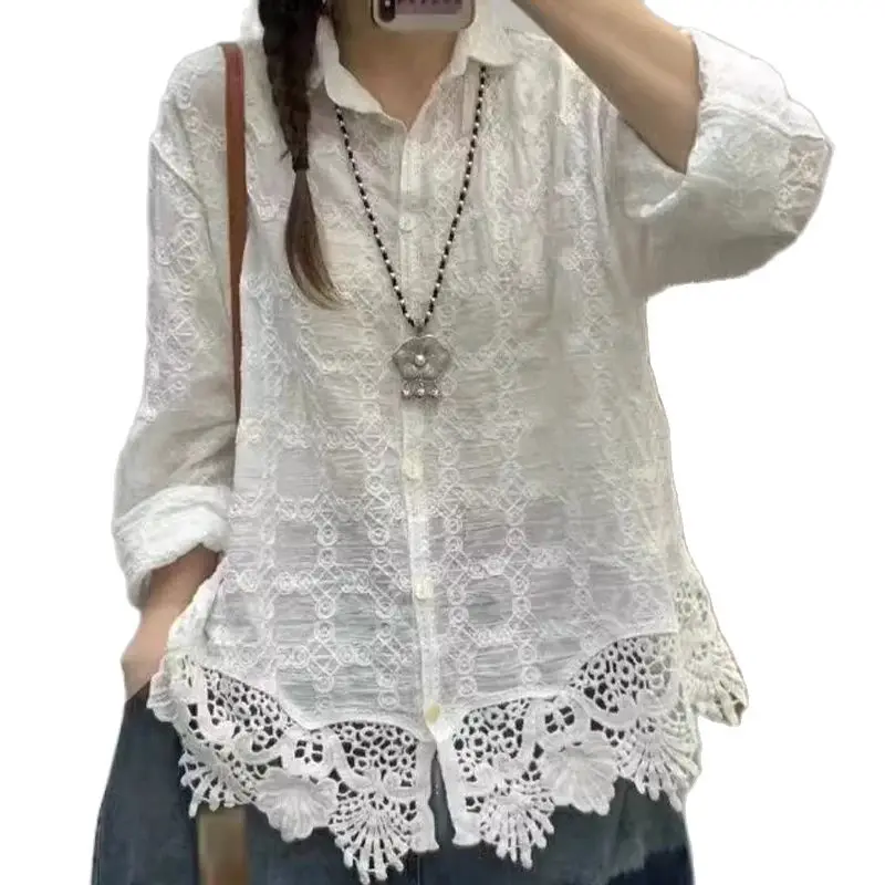 New Summer Cotton Long Sleeve Shirts Woman Lapel Embroidery LaceTop Mori Girl Casual Loose Fashion Blouses 2024 Autumn T474107QM