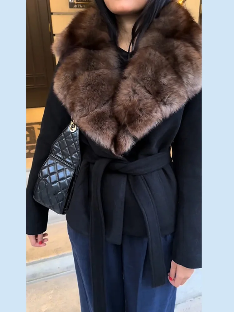 

Elegant Faux Fur Woolen Coats Women Long Sleeve Pocket Thicken Warm Lace Up Black Jackets 2025 Autumn Winter Lady New Outwear