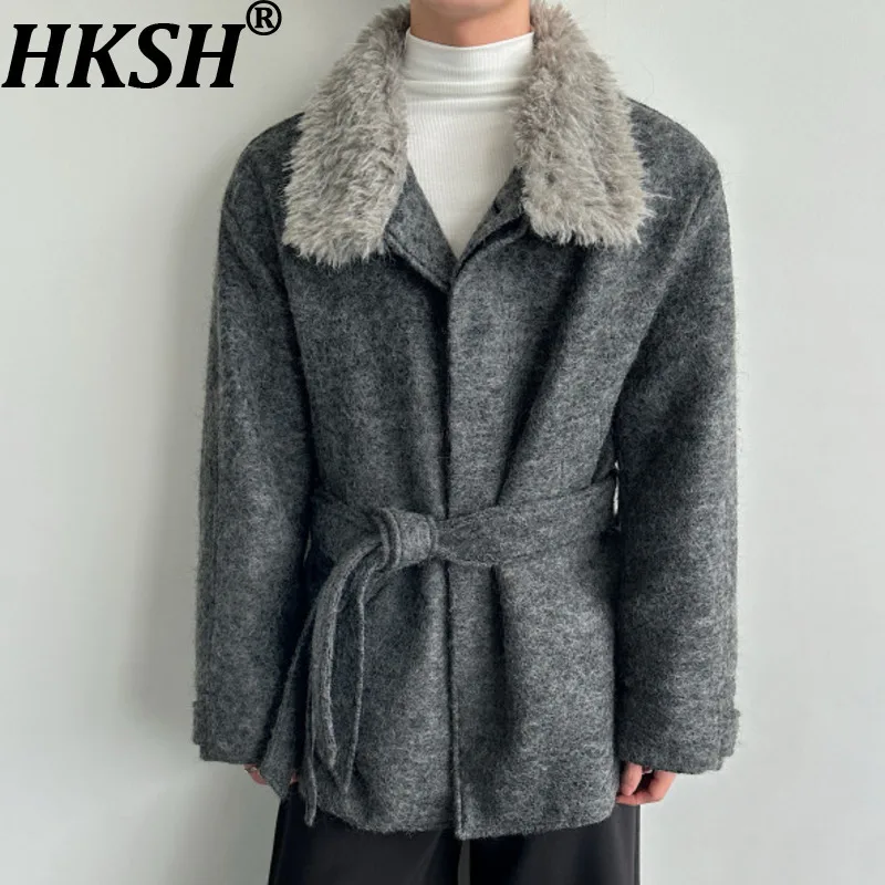 

HKSH Autumn Winter New Men's Niche Chic Wool Blends Fur Collar Bandage Design Overcoat Trendy Casual Elegant Fashion Ins HK15367
