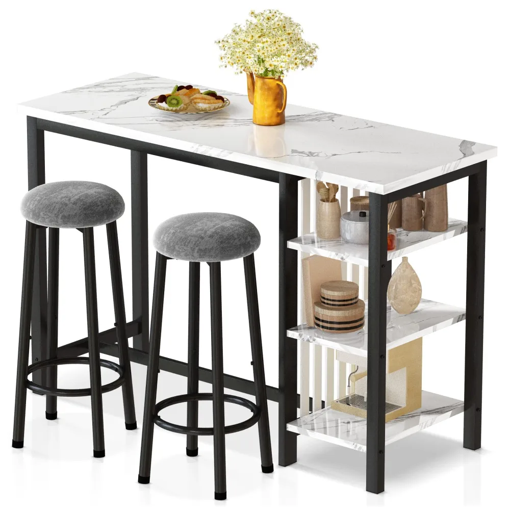 Conjunto de mesa de bar com prateleiras de armazenamento, mesa moderna de café da manhã em mármore falso branco de 47" com 2 bancos de veludo, conjunto de jantar de 3 peças para 2