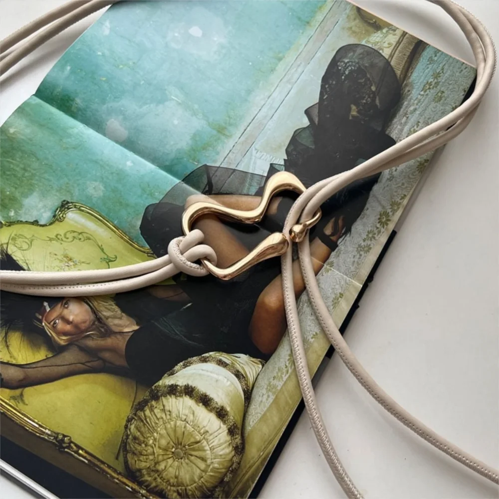 Vintage PU Leather Women Thin Belt Rope Knotted Long String Waist Belt Golden Buckle Waist Chain Ladies Black Straps