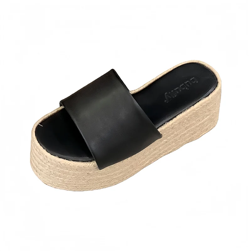 

Black Heeled Sandals For Woman Wedge Platform Slippers Summer Straw Weaving Beach Shoes 8cm High Heels Beige Ladies Sandals