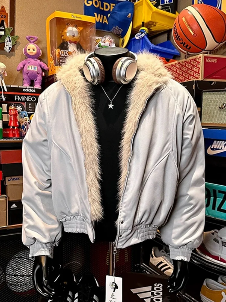 

Men's Winter Thiened Fce Lined Cotton Jaet with Large Fur Collar Hooded Lamb Velvet Coat Warm Casual Youth Sle