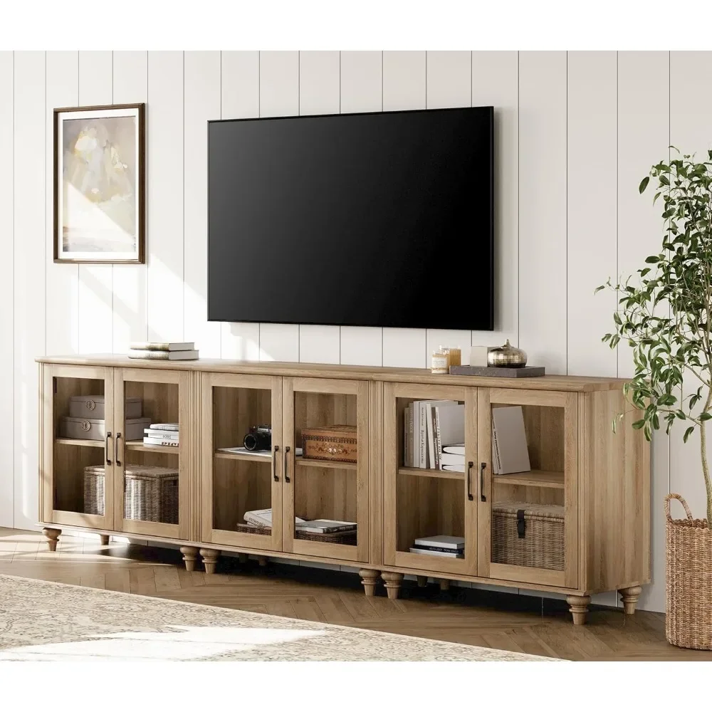 100 Inch TV Stand with Glass Door, Wood TV Cabinet Entertainment Center, 3-in-1 Kitchen Buffet Cabinet with 6 Storage Cabinets