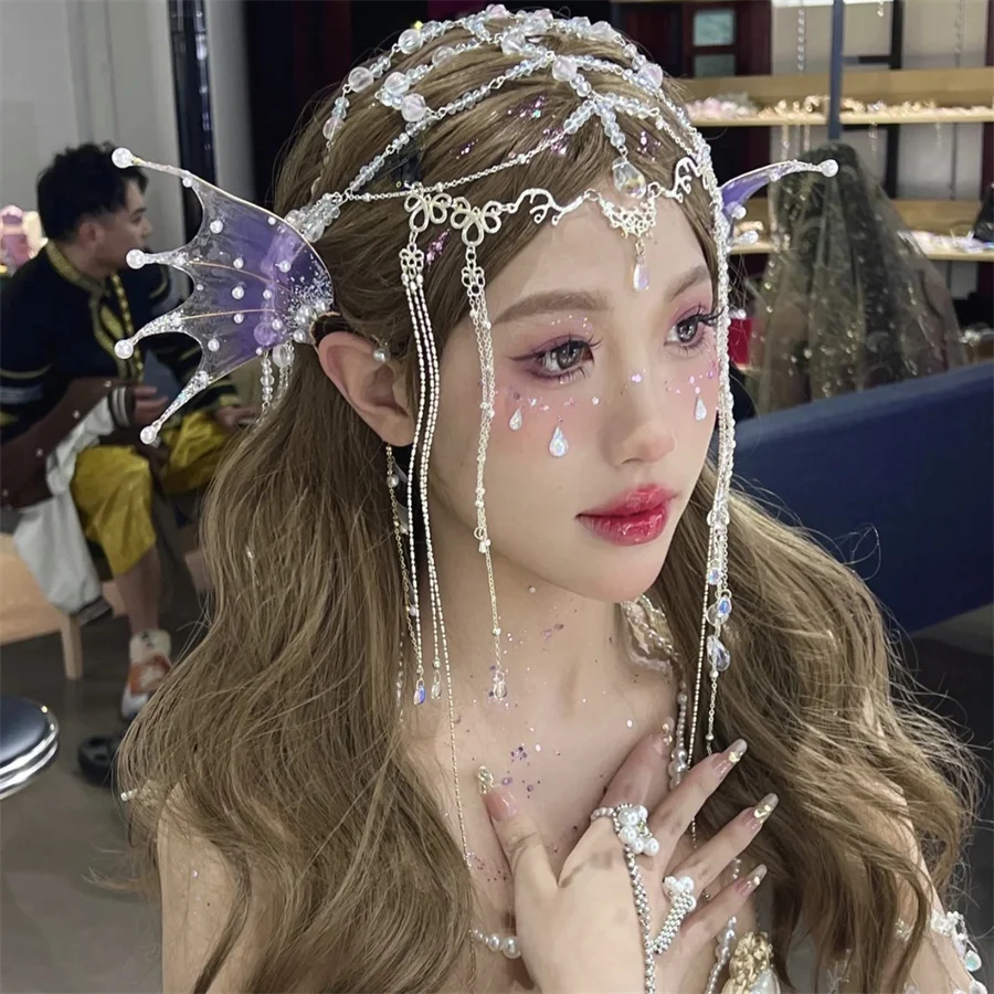 Shining bridal crown tiara Korean style super fairy crystal tassel beaded forehead ornament high-end wedding styling accessories