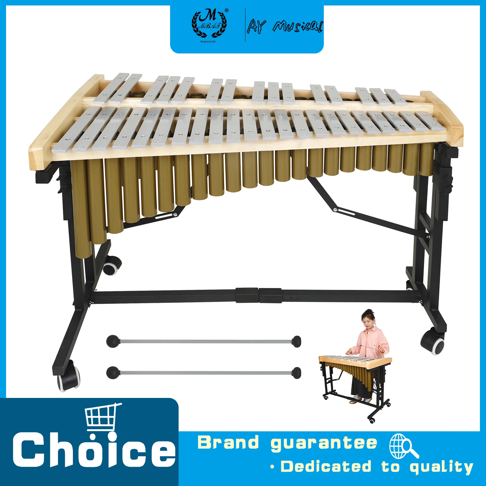 M MBAT 37 Note Aluminum Bar Glockenspiel Orchestra Marimba Vibraphone with Adjustable Wheeled Stand for Symphony Performance