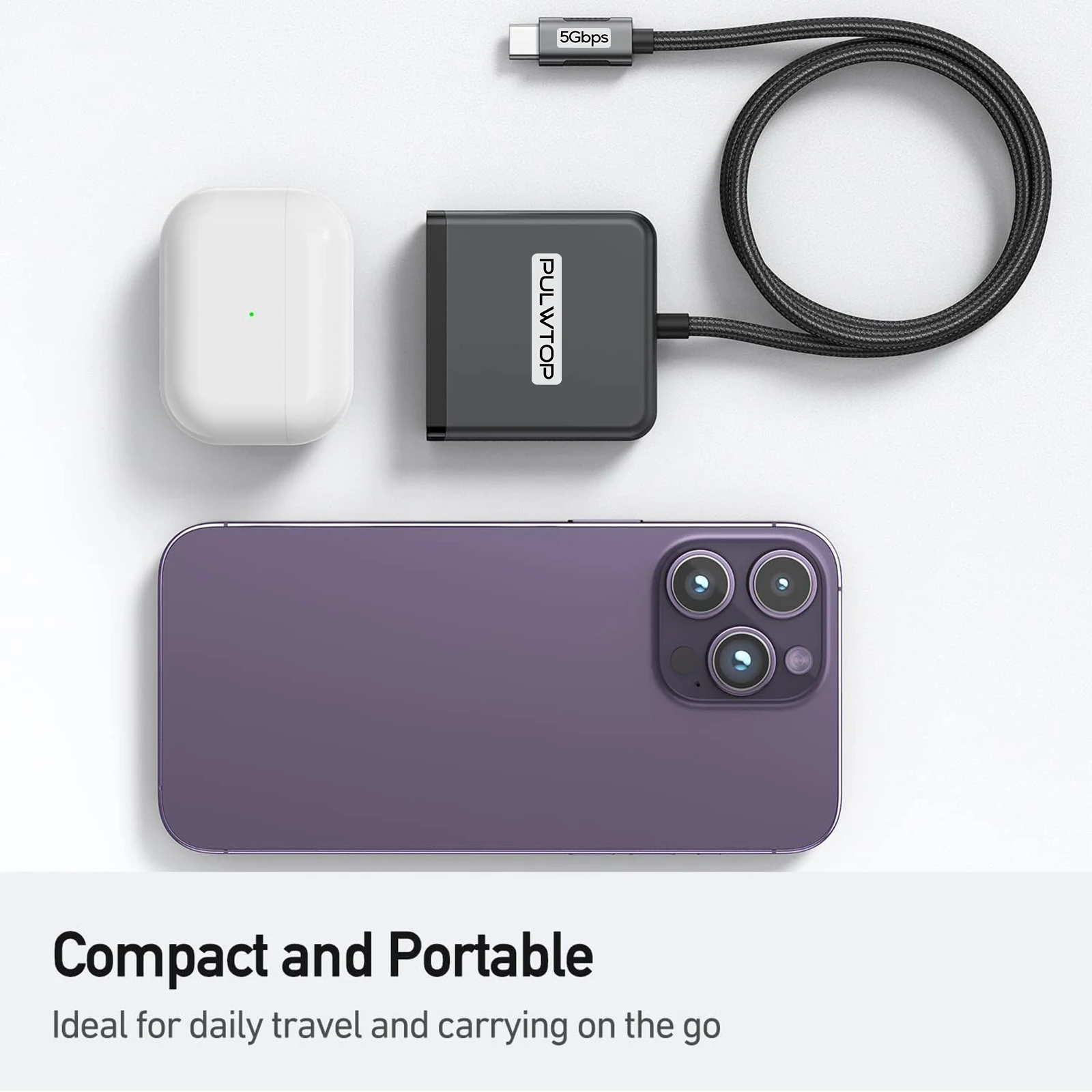 PULWTOP 4-Port USB C Hub, USB Hub Multiport Adapter with 4 Ports 5Gbps for MacBook Pro, Laptop, Chromebook, XPS.