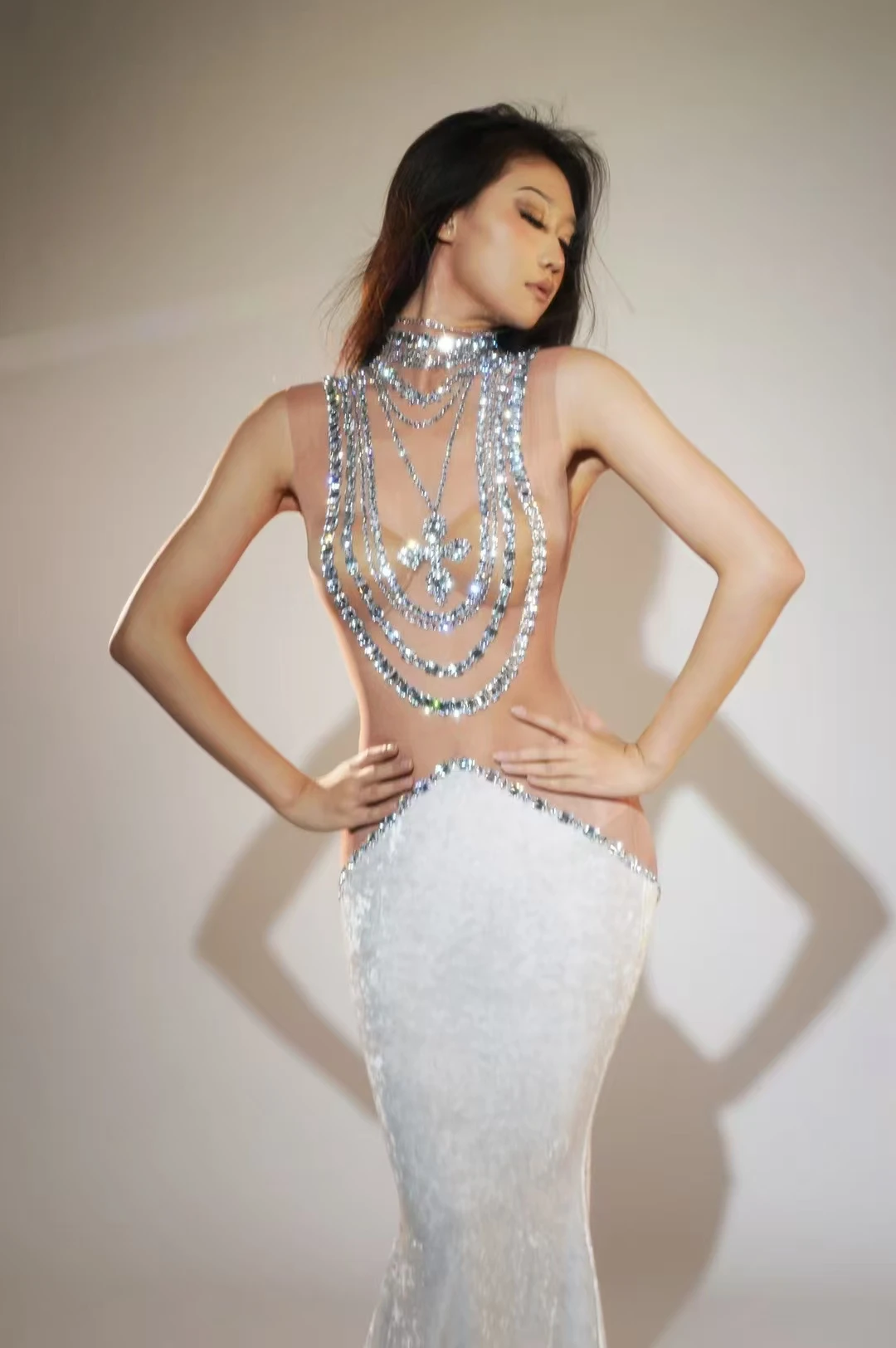 Sparkly Pailletten Mesh Transparant Fluwelen Lange Jurk Vrouwen Verjaardagsfeestje Sexy Stadium Avondjurk Fotoshoot Wear Q014